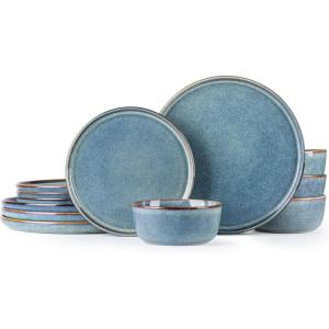 imageAmorArc Ceramic Dinnerware Sets for 4Round Reactive Glaze Stoneware Plates and Bowls SetHighly Scratch Resistant Dishware  Dishwasher ampamp Microwave Safe Dishes SetService for 4 12pcCeylon Blue