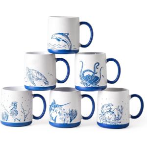 imageAmorArc Large Coffee Mugs Set of 6 18oz Ceramic Coffee Cups with Sea Life Textured Patterns for Tea Latte Cocoa Easy to HoldampampClean DishwasherampampMicrowave Safe Matt WhiteMatte White