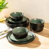 imageAmorArc Stoneware Dinnerware Sets for 4Round Reactive Glaze Ceramic Plates and Bowls SetHighly Scrath Resistant  Dishwasher ampamp Microwave Safe Dishes SetService for 4 12pcMatte Black Jade Green