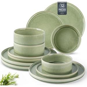 imageAmorArc Ceramic Dinnerware Sets Handmade Reactive Glaze Stoneware Plates and Bowls SetsHighly Chip and Crack Resistant  Dishwasher ampamp Microwave Safe Dishes Set Service for 4 12pcOliver Green