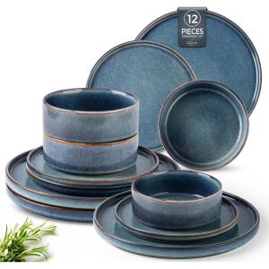 imageAmorArc Ceramic Dinnerware Sets Handmade Reactive Glaze Stoneware Plates and Bowls SetsHighly Chip and Crack Resistant  Dishwasher ampamp Microwave Safe Dishes Set Service for 4 12pcCeylon Blue