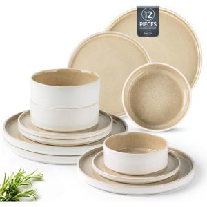 imageAmorArc Ceramic Dinnerware Sets Handmade Reactive Glaze Stoneware Plates and Bowls SetsHighly Chip and Crack Resistant  Dishwasher ampamp Microwave Safe Dishes Set Service for 4 12pcReactive Sand