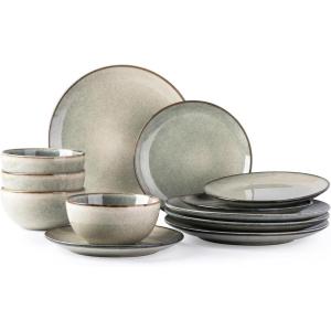 imageAmorArc Ceramic Dinnerware Sets for 4 12 Pieces Handpainted Stoneware Plates and Bowls Set Scratch Resistant Dishes Set Dishwasher ampamp Microwave Safe Reactive ColorReactive Glaze