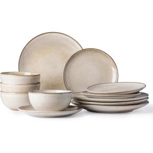 imageAmorArc Ceramic Dinnerware Sets for 4 12 Pieces Handpainted Stoneware Plates and Bowls Set Scratch Resistant Dishes Set Dishwasher ampamp Microwave Safe Reactive ColorCappuccino