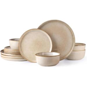imageAmorArc Stoneware Dinnerware Sets for 4Round Reactive Glaze Ceramic Plates and Bowls SetHighly Scrath Resistant  Dishwasher ampamp Microwave Safe Dishes SetService for 4 12pcCappuccino Color
