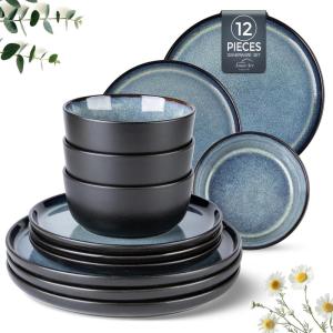 imageAmorArc Stoneware Dinnerware Sets for 4Round Reactive Glaze Ceramic Plates and Bowls SetHighly Scrath Resistant  Dishwasher ampamp Microwave Safe Dishes SetService for 4 12pcMatte Black Ceylon Blue