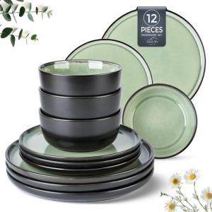 imageAmorArc Stoneware Dinnerware Sets for 4Round Reactive Glaze Ceramic Plates and Bowls SetHighly Scrath Resistant  Dishwasher ampamp Microwave Safe Dishes SetService for 4 12pcMatte Black Olive Green