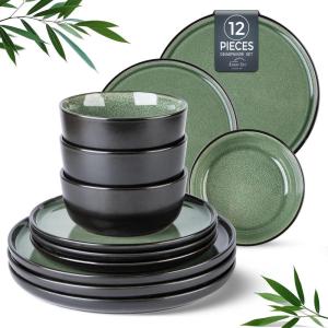 imageAmorArc Stoneware Dinnerware Sets for 4Round Reactive Glaze Ceramic Plates and Bowls SetHighly Scrath Resistant  Dishwasher ampamp Microwave Safe Dishes SetService for 4 12pcMatte Black Jade Green