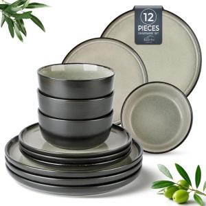 imageAmorArc Stoneware Dinnerware Sets for 4Round Reactive Glaze Ceramic Plates and Bowls SetHighly Scrath Resistant  Dishwasher ampamp Microwave Safe Dishes SetService for 4 12pcMatte Black Reactive Glaze