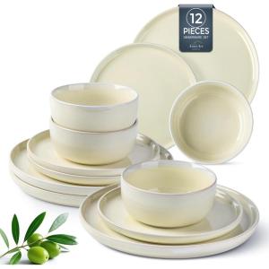 imageAmorArc Stoneware Dinnerware Sets for 4Round Reactive Glaze Ceramic Plates and Bowls SetHighly Scrath Resistant  Dishwasher ampamp Microwave Safe Dishes SetService for 4 12pcReactive Cream