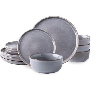 imageAmorArc Stoneware Dinnerware Sets for 4Round Reactive Glaze Ceramic Plates and Bowls SetHighly Scrath Resistant  Dishwasher ampamp Microwave Safe Dishes SetService for 4 12pcReactive Grey