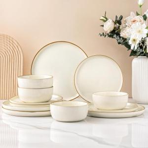imageAmorArc Dinnerware Set 12 Pieces Ceramic Plates and Bowls Sets Stoneware Plates Set Handpainted Dishwasher ampamp Microwave Safe Dishes Speckled Beige Service for 4