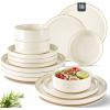 imageAmorArc Ceramic Dinnerware Set for 4  Speckled Stoneware Plates and Bowls with unglazed terracotta  Scratch Resistant Dishwasher ampamp Microwave Safe Dishes Sets 12Pcs PinkBeige Handbrush Rim