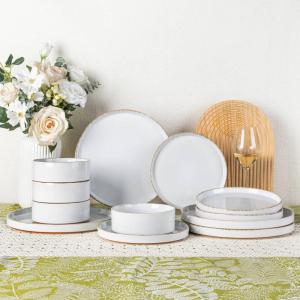 imageAmorArc Ceramic Dinnerware Set for 4  Speckled Stoneware Plates and Bowls with unglazed terracotta  Scratch Resistant Dishwasher ampamp Microwave Safe Dishes Sets 12Pcs PinkWhite Handbrush Rim