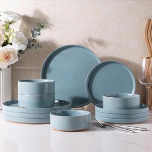 imageAmorArc Ceramic Dinnerware Set for 4  Speckled Stoneware Plates and Bowls with unglazed terracotta  Scratch Resistant Dishwasher ampamp Microwave Safe Dishes Sets 12Pcs PinkModernBlue