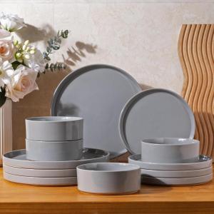 imageAmorArc Ceramic Dinnerware Set for 4  Speckled Stoneware Plates and Bowls with unglazed terracotta  Scratch Resistant Dishwasher ampamp Microwave Safe Dishes Sets 12Pcs PinkModernGray