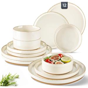 imageAmorArc Ceramic Dinnerware Set for 4  Speckled Stoneware Plates and Bowls with unglazed terracotta  Scratch Resistant Dishwasher ampamp Microwave Safe Dishes Sets 12Pcs PinkBeige Handbrush Rim