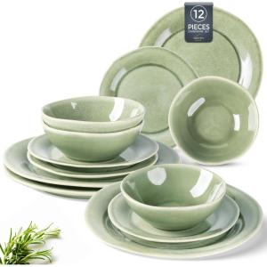 imageAmorArc Ceramic Dinnerware Sets Handmade Stoneware Reactive Glaze Plates and Bowls Set Scratch Resistant  Dishwasher ampamp Microwave Safe Dishes Set Service for 4 12pcOlive Green