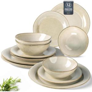 imageAmorArc Ceramic Dinnerware Sets Handmade Stoneware Reactive Glaze Plates and Bowls Set Scratch Resistant  Dishwasher ampamp Microwave Safe Dishes Set Service for 4 12pcCappuccino