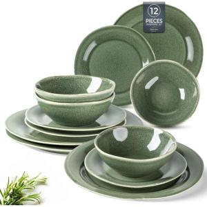 imageAmorArc Ceramic Dinnerware Sets Handmade Stoneware Reactive Glaze Plates and Bowls Set Scratch Resistant  Dishwasher ampamp Microwave Safe Dishes Set Service for 4 12pcJade Green