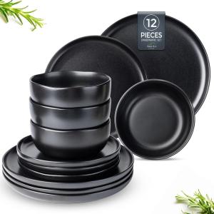 imageAmorArc Ceramic Dinnerware Sets Wavy Rim Stoneware Plates and Bowls Sets Highly Chip and Crack Resistant  Dishwasher ampamp Microwave ampamp Oven Safe Dishes set Service for 4 12pcMatte Black