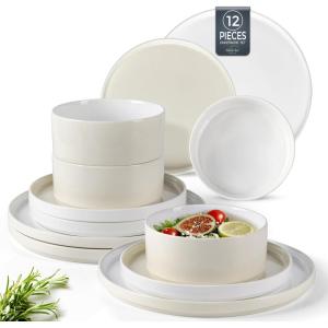 imageAmorArc Ceramic Dinnerware Sets for 4 Modern Stoneware Plates and Bowls SetsChip and Crack Resistant  Dishwasher ampamp Microwave Safe Ceramic Dishes SetService for 4 12pcCreamModernCream