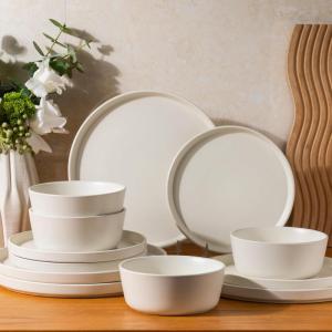imageAmorArc Ceramic Dinnerware Sets for 4Stoneware Plates and Bowls SetsChip and Crack Resistant  Dishwasher ampamp Microwave Safe Ceramic DishesService for 4 12pcWhiteCream