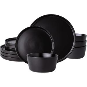 imageAmorArc Ceramic Dinnerware Sets for 4Stoneware Plates and Bowls SetsChip and Crack Resistant  Dishwasher ampamp Microwave Safe Ceramic DishesService for 4 12pcWhiteBlack