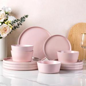 imageAmorArc Ceramic Dinnerware Sets for 4Stoneware Plates and Bowls SetsChip and Crack Resistant  Dishwasher ampamp Microwave Safe Ceramic DishesService for 4 12pcWhitePink