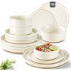 image:imageAmorArc Ceramic Dinnerware Sets for 4 12 Pieces Handpainted Plates and Bowls Set with Rustic Terracotta Underside Scratch Resistant Stoneware Dishes Set Dishwasher amp Microwave SafeBeige Handbrush Rim