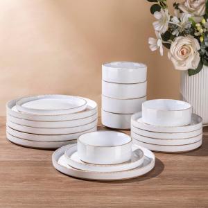 image:imageAmorArc Ceramic Dinnerware Sets for 4 12 Pieces Handpainted Plates and Bowls Set with Rustic Terracotta Underside Scratch Resistant Stoneware Dishes Set Dishwasher amp Microwave SafeWhite Handbrush Rim