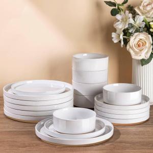 image:imageAmorArc Ceramic Dinnerware Sets for 4 12 Pieces Handpainted Plates and Bowls Set with Rustic Terracotta Underside Scratch Resistant Stoneware Dishes Set Dishwasher amp Microwave SafeModernWhite