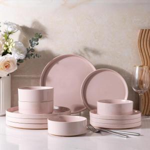 image:imageAmorArc Ceramic Dinnerware Sets for 4 12 Pieces Handpainted Plates and Bowls Set with Rustic Terracotta Underside Scratch Resistant Stoneware Dishes Set Dishwasher amp Microwave SafeModernPink
