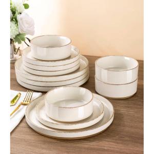 image:imageAmorArc Ceramic Dinnerware Sets for 4 12 Pieces Handpainted Plates and Bowls Set with Rustic Terracotta Underside Scratch Resistant Stoneware Dishes Set Dishwasher amp Microwave SafeBeige Handbrush Rim