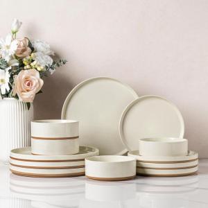 image:imageAmorArc Ceramic Dinnerware Sets for 4 12 Pieces Handpainted Plates and Bowls Set with Rustic Terracotta Underside Scratch Resistant Stoneware Dishes Set Dishwasher amp Microwave SafeModernBeige High edge