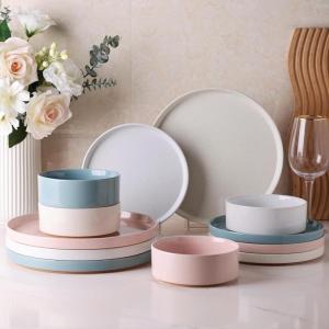 image:imageAmorArc Ceramic Dinnerware Sets for 4 12 Pieces Handpainted Plates and Bowls Set with Rustic Terracotta Underside Scratch Resistant Stoneware Dishes Set Dishwasher amp Microwave SafeModernColorful